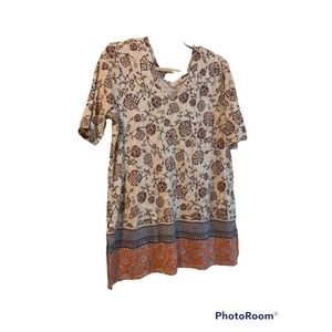 J JILL Women’s Cream Floral Print V Neck Pima Cotton Short Sleeve Top Medium